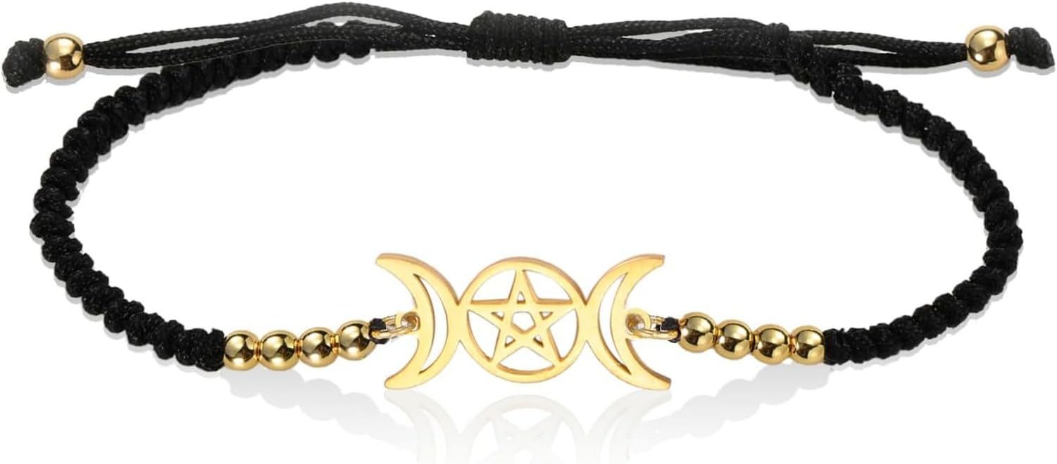 Faozhuo Triple Moon Goddess Rope Bracelet Handmade Braided Pentagram Amulet Pentacle String Bracelet Wiccan Pagan Jewelry for Women Men, Black