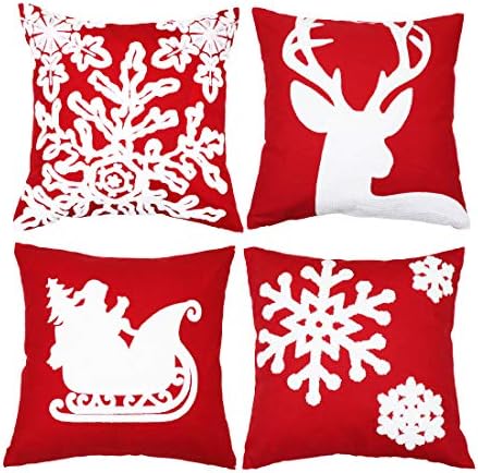 sykting Red Christmas Pillow Covers 18x18 Inch with Raised Embroidery Snowflakes Reindeer Sledge Holiday Pillow Covers for Winter Decorations Set of 4