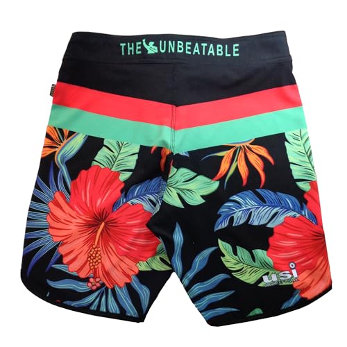 Image of USI Universal 411PA Aloha Physique Board Shorts, Polyester Fitness Shorts, Hook & Loop Fly, Drawstring Closure, Tailored Fit for Thin Waist & Muscular Thighs (in, Alpha, M, Red /Black)