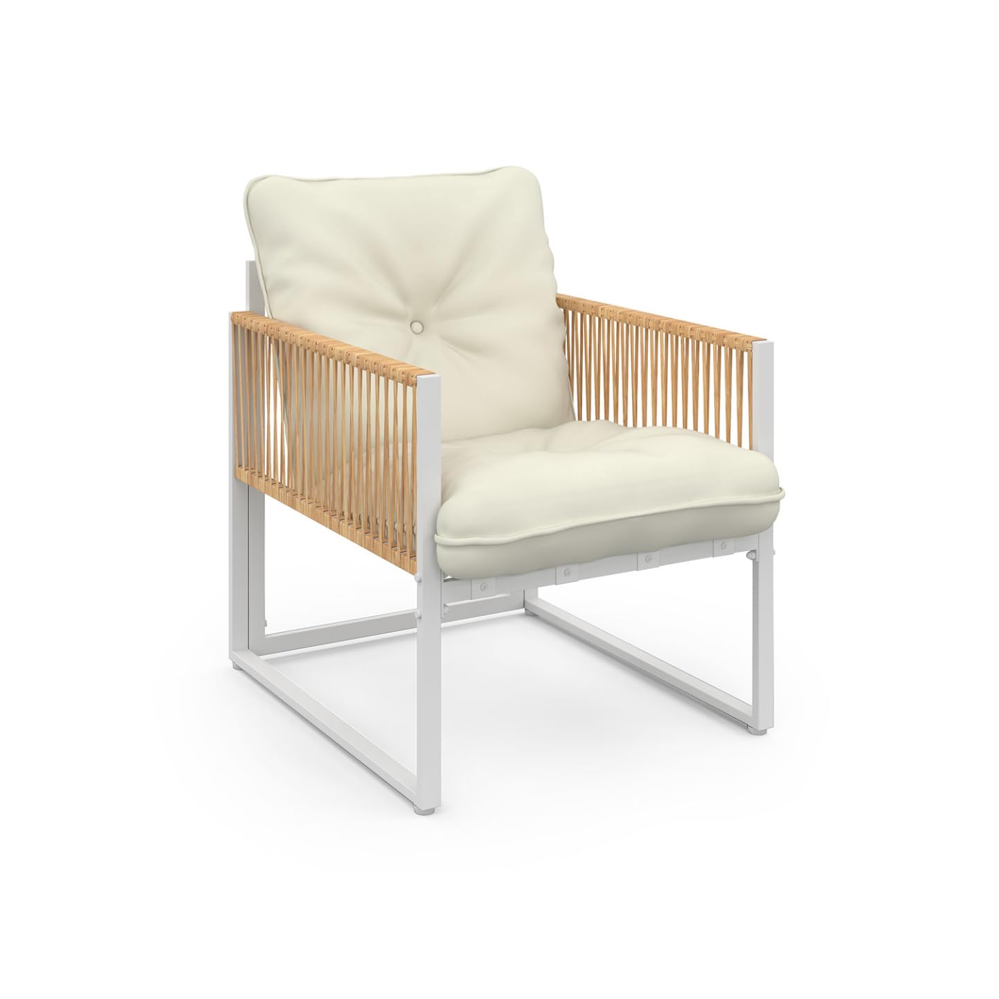 IDMarket – Muebles de Jardín Rio de Nivel Bajo 4 Plazas, Estructura de Metal Blanco, Cuerda de Efecto Ratán Claro y Cojines Beiges
