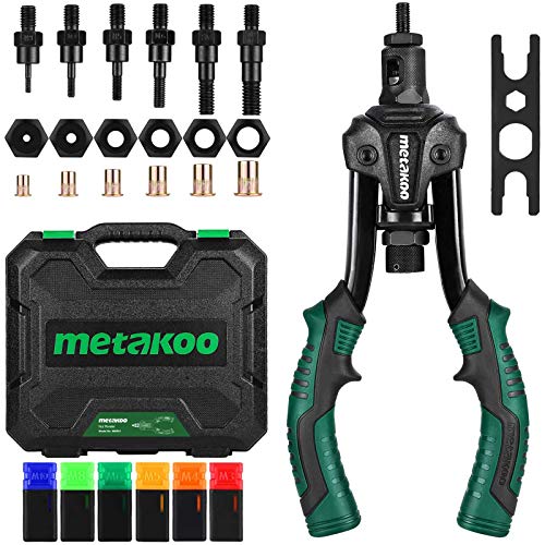 METAKOO Remachadora de Tuercas, Con 6 Mandriles y 60 Tuercas de Remache (M3, M4, M5, M6, M8, M10), Mango de PTR, Ahorro de Energía, Apta para Acero de 2-3 mm de Espesor, Llave Incorporada - MNR01