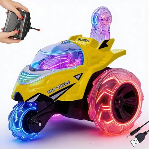 Image of Gooyo GY-0242 Rechargeable Stunt Car Toy for Kids with Tornado Rotation, Reverse Drive Function, Demo Mode, Lighting Effect & Music | Remote & USB Included | Power Source: in-Built Battery | Yellow