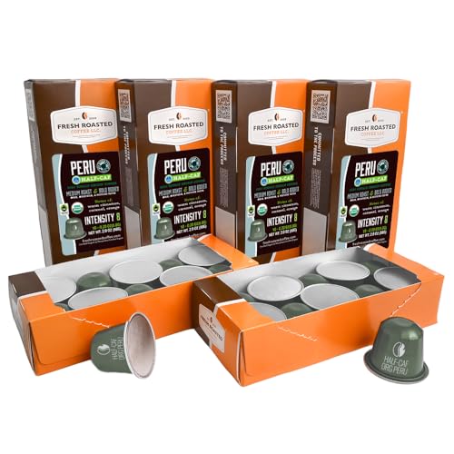 Image of Fresh Roasted Coffee, Peru WP Half-Caf Espresso Capsules for Nespresso OriginalLine, Medium, USDA Organic, 3rd Party Tested for Mold, Mycotoxin & Pesticides, Kosher, 60 Recyclable Aluminum Capsules