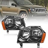 MOSTPLUS Pair Headlight Assembly Compatible with 2005 2006 2007 Jeep Grand Cherokee Headlights Headlamps with Black housing Clear lens