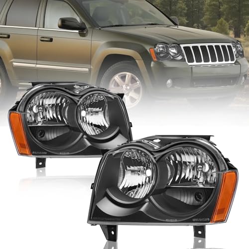 MOSTPLUS Pair Headlight Assembly Compatible with 2005 2006 2007 Jeep Grand Cherokee Headlights Headlamps with Black housing Clear lens