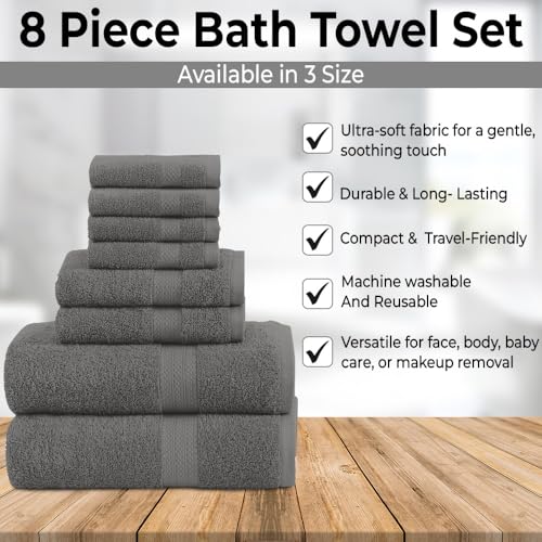QUBA LINEN Pack of 8 Towels Set, 2 Large Bath Towels, 2 Hand Towels, 4 Wash Cloths, 100% Cotton, Lighter Weight, Quicker to Dry, Super Absorbent, Perfect for Bathroom (Grey) - Thumbnail 3