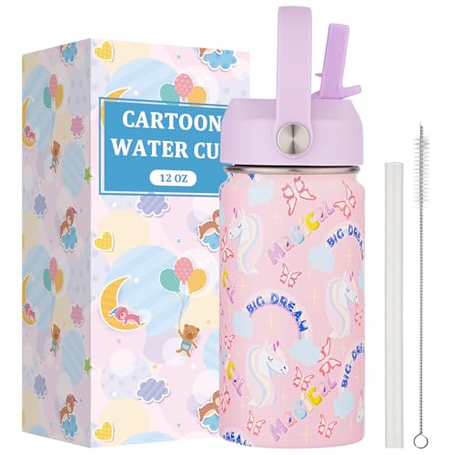 Kids Water Bottle with Straw Lid-12 oz Insulated Stainless Steel Thermal Cup, Leakproof Wide Mouth Sports Bottle Keeps Cold 12H & Hot 6H for Gym Office Outdoor