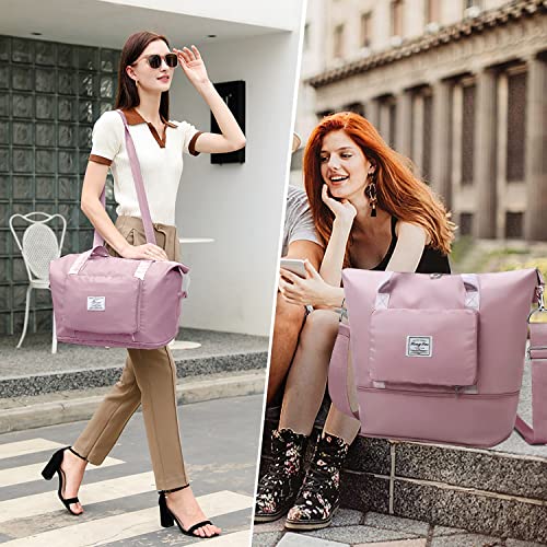 Foldable Travel Duffel Bag,Weekender Bags for Women,Expandable Travel Gym Duffel Bag with Trolley Sleeve Wet Pocket,Carry On Tote Overnight Bags for Women,Travel Bag Tote with Shoulder Strap