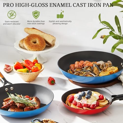 KITESSENSU Enameled Cast Iron Skillets - Non Stick Frying Pans Set with Durable Wooden Handle - 10&12 Inch Titanium Cast Iron Pans for Multi-Cooking - Pre Seasoned Cookware Set - Gradual Cobalt Blue - Thumbnail 3