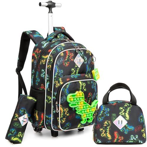 Rolling Backpack for Boys 8-12 with Lunch Box Dinosaur Kids Backpack with Wheels for Travel Boys Rolling Backpack for Kids Trolley School Bag with Wheels