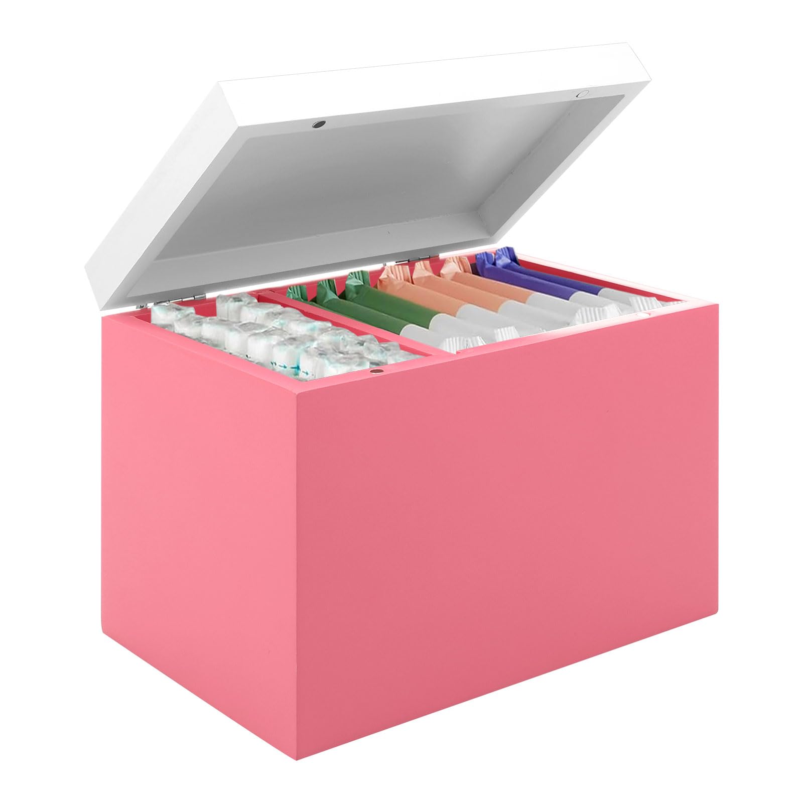 Vavpup Pink Tampon Holder For Bathroom Tampon Sanitary Pad Box Feminine Product Organizer Wood Bathroom Bin With Lid And Compartments Solid Period Box Cotton Swab Holder(,1)