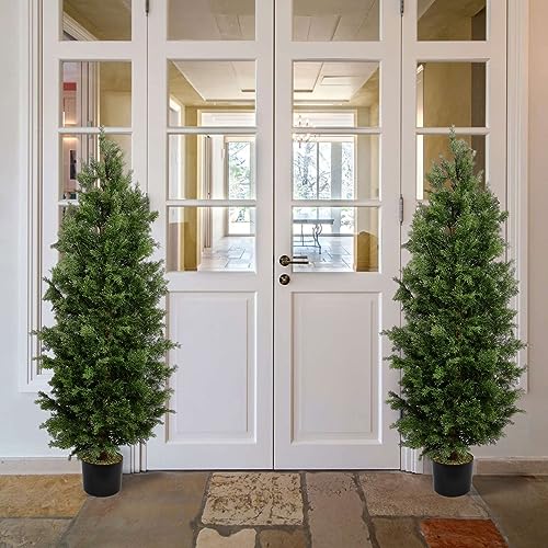 Aveyas 5ft Artificial Cedar Topiary Trees for Outdoor Front Porch Door, 5 Feet Faux Potted Plants Evergreen Fake Silk Pine Cypress Tree for Outside Home Decor (5 ft Tall) - Set of 2 Pack