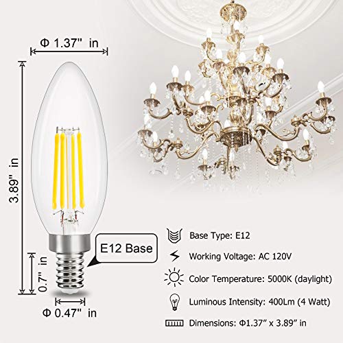Comzler E12 Led Candelabra Bulb Dimmable, Chandelier Light Bulb 5000K Daylight White,40W Equivalent,Type B Ceiling Fan Bulbs,C35 B11 Edison Filament Candle Bulbs Candle Lights,400Lm,Pack Of 6 #TOP2