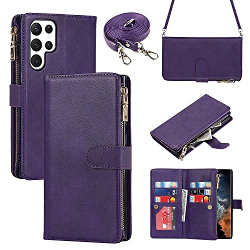 Étui portefeuille pour Samsung S22 Ultra avec lanière violette antichoc