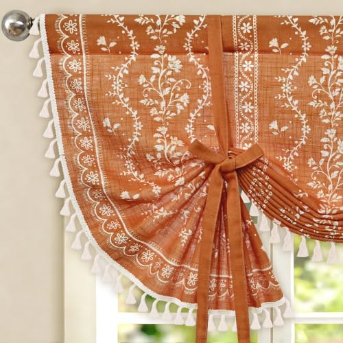 Image of Yinhua Boho Tie Up Curtains for Windows Vintage Linen Valance Light Filtering Floral Valance Rod Pocket Rustic Adjustable Tassel Window Valances for Bathroom, 42 inch W X 45 inch L, Orange