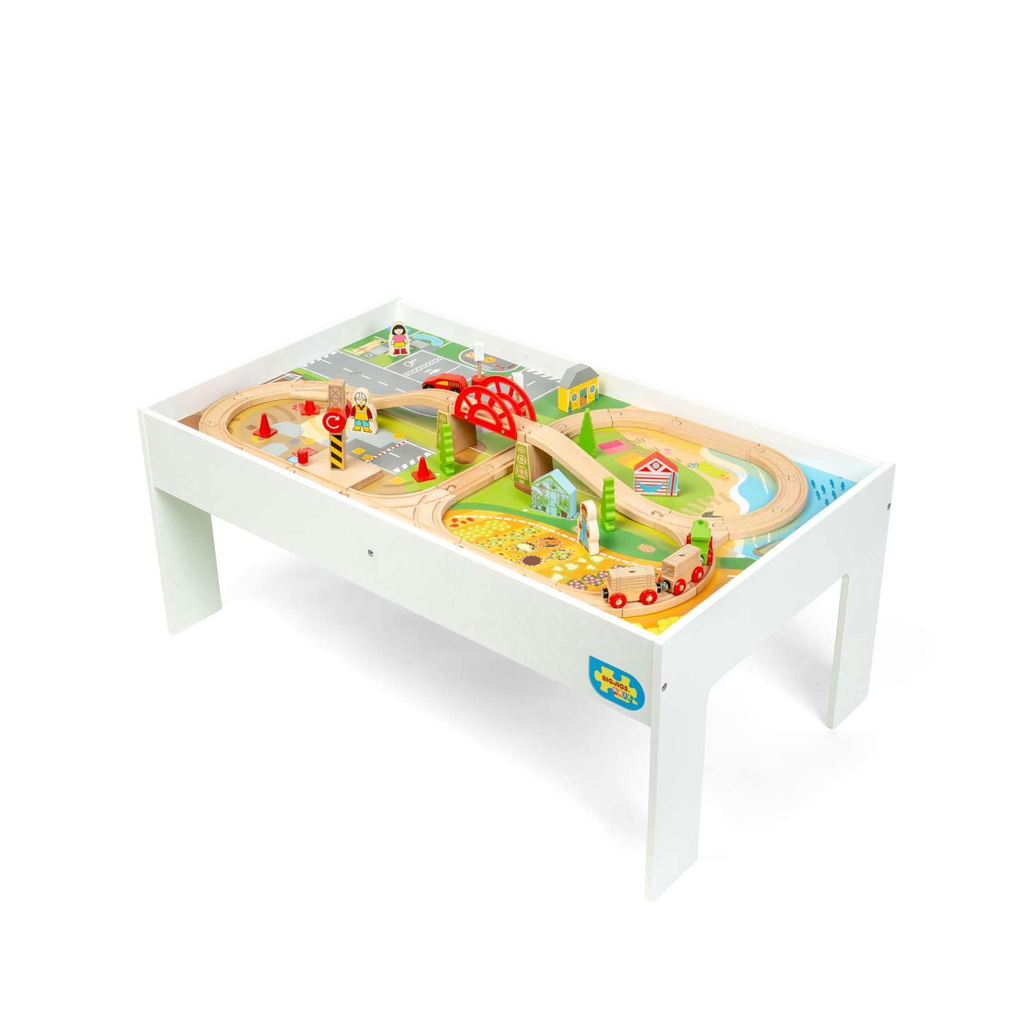 Bigjigs Rail - Zestaw pociągu i stół – 50 elementów do zabawy, drewniany stół do aktywności z plażą, polem rolniczym, placem budowy i od strony ulicy, pociągami dziecięcymi i zestawami kolejowymi,