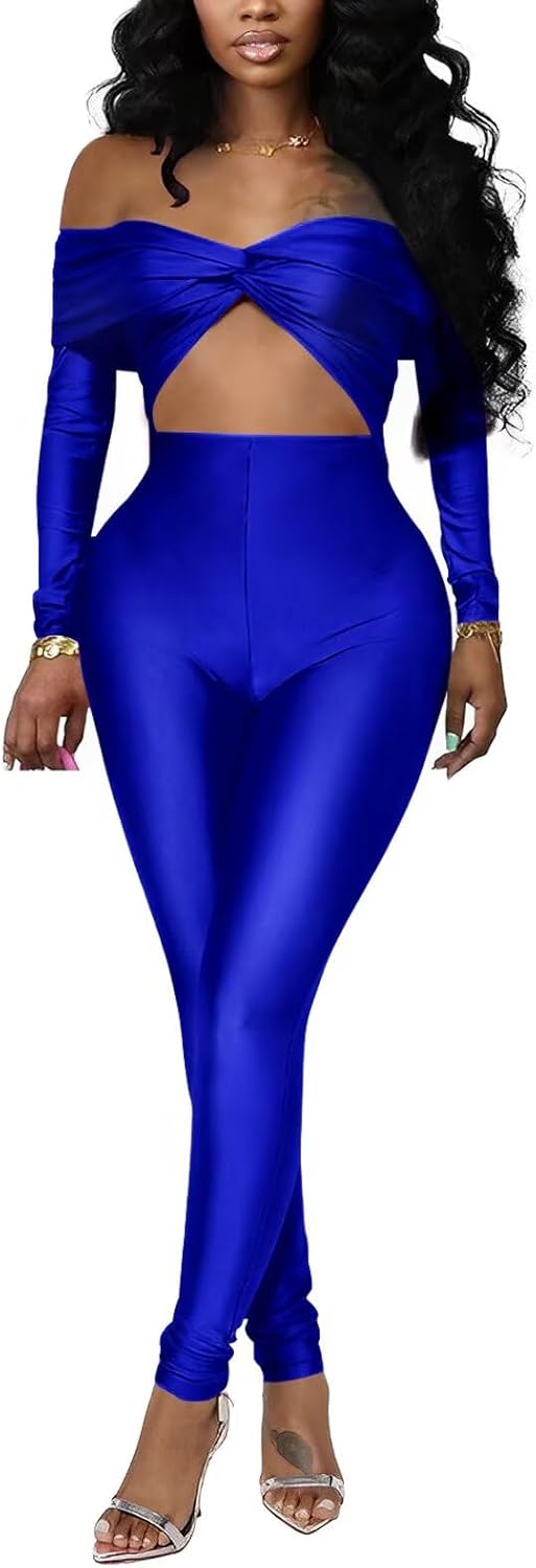 Women Sexy Off Shoulder Ruched Hollow Out Bodycon Long Pants Jumpsuit Romper Clubwear One Piece Outfits