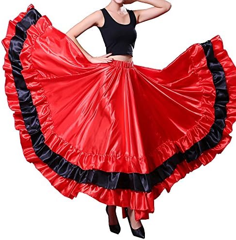 Women Black Red Layers Satin Long Skirt for Spanish Flamenco Belly Dance Gypsy Mexico Ballet Folklorico Performance Costume (Red Theme)