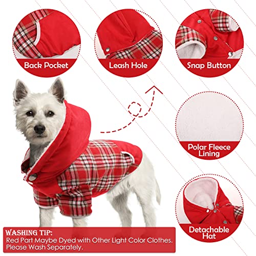 Ikipuko Dog Winter Coat, Dog Fleece Jacket Dog Coat With Harness Hole Dog Hoodie With Hat Plaid Warm Dog Coat For Large Medium Small Dogs Puppy Hoodie Hooded Cold Weather Clothes(Red,M) #TOP1