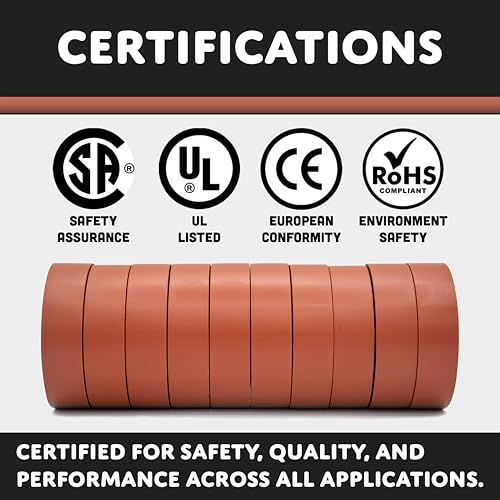 Image of TradeGear Brown 10 Pack - UL Listed Colored Electrical Tape, 60 ft x 3 /4 in, 600V, Flame Retardant, Waterproof, Rubber Adhesive - Phase Marking, Wire ID, Automotive