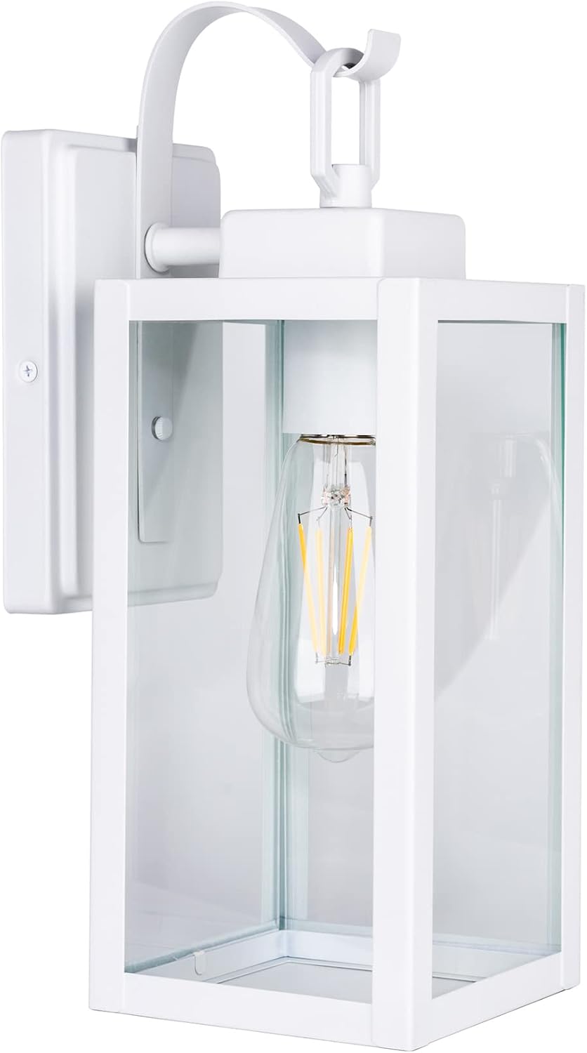 GRUENLICH Dusk to Dawn Outdoor Wall Lantern, Wall Sconce for Porch Lighting Fixture, E26 Base Max 60W, Metal Housing Plus Glass, White Finish, Bulb Not Included, 1-Pack