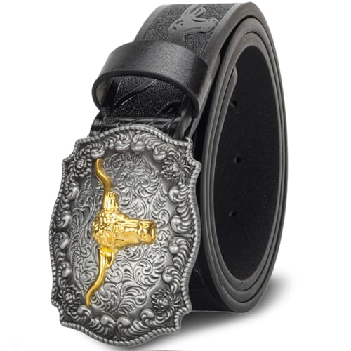 Oyifan Ceinture en cuir Western Cowboy Cowgirl pour homme, gravure florale de taureau Longhorn, grande boucle marron pour femme, Noir , "S" Fit Waist 25-29inch