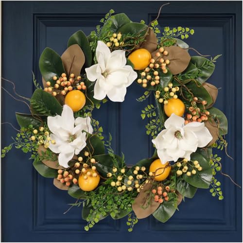 Zhemobang 22 Inch Lemon and Magnolia Wreath for Front Door Outdoor UV Resistant Spring Summer Wreath Waterproof Farmhouse Decor with White Flowers