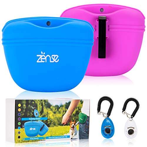 Zënse Premium 2 Dog Treat Pouch and 2 Dog Training Clicker. Magnetic Closure Opening and New Upgraded Super Strong Waist Clip. Small Portable Silicone Treat Bag. Blue and Lavender Color Bags Zënse Premium 2 Dog Treat Pouch and 2 Dog Training Clicker. Magnetic Closure Opening and New Upgraded Super Strong Waist Clip. Small Portable Silicone Treat Bag. Blue and Lavender Color Bags