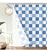 ORTIGIA Checkered Shower Curtain and PEVA Liner Set Blue White Retro Checkboard Shower Curtains w...