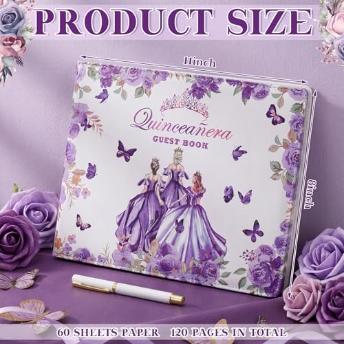 Image of MotiMind Quinceanera Guest Book with Pen 11 x 8 Inch Libro De Firmas Para 15 Anos Quinceanera Leather Hardcover Signature Book Guest Sign in for 15th Party Favors Decoration(Purple,Princess)