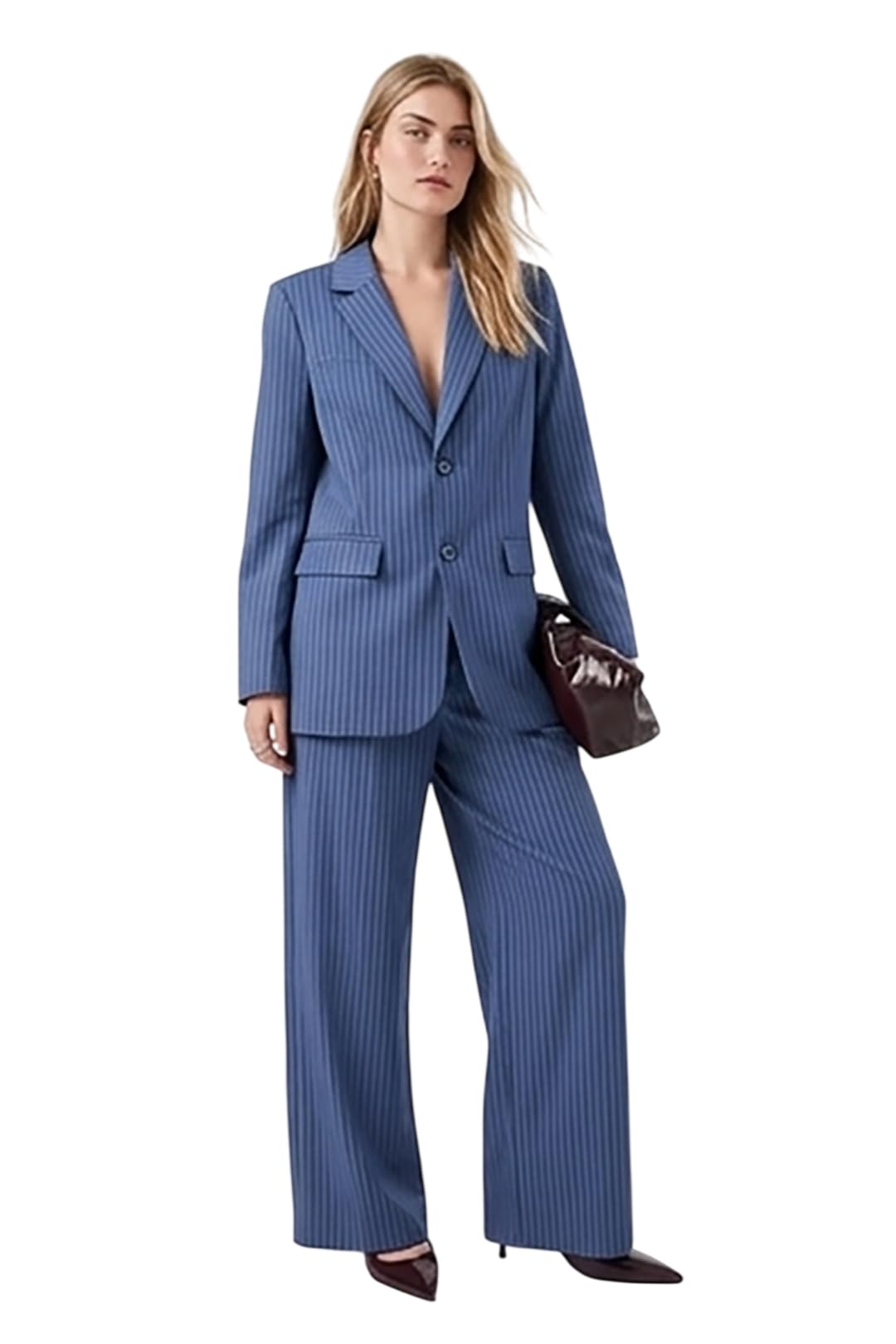 KOTTY Women’s Office Wear Coat Set – Chic Pinstripe Two Piece Suit with Wide Leg Pants(Muted Steel Blue)_KTTDRESSSET247