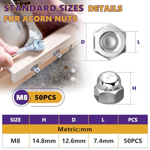 50 Stück Hutmuttern M8 Edelstahl, M8 Muttern DIN1587 Sechskant-Hutmuttern A2 V2A Edelstahl Kappenmuttern Hohe Form Set für Schrauben, Gewindestangen & Gewindebolzen