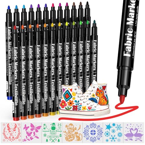 SAKEYR 24 rotuladores textiles lavables a máquina con 7 plantillas: rotuladores permanentes no tóxicos para tela, de secado rápido, ideales para camisetas, bolsas de tela, zapatos y bricolaje para