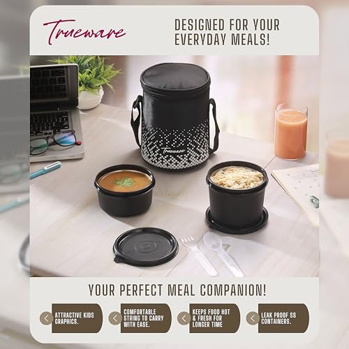 Image of Trueware Omaga Lunch Box with Insulated Fabric Jacket, 2 Microwave Safe & Leak Proof Inner Stainless Steel Containers (1 X 400ml & 1 X 500ml) Tiffin for Office, College
