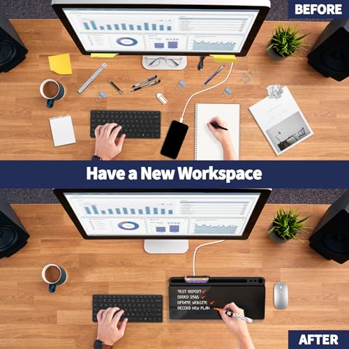Sliandtelly Schwarzes Desktop Whiteboard mit Stauraum, Glas Notiztafel für Büro Gadgets, abwischbare Mini Tafel mit 3 Kreidemarkern, Schreibtisch Organizer für Homeoffice, Büro und Schule