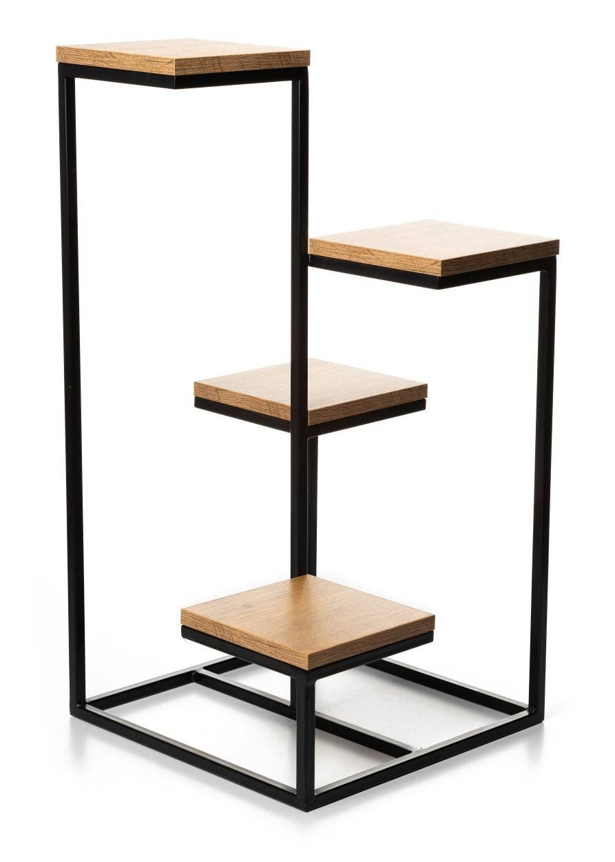 4 Etagen Blumentreppe - Metall Pflanzentreppe 79 cm Hoch - Blumenregal mit MDF-Platten in Eichenoptik für 4 Blumen - Blumenständer für die Innendekoration (Eichen)