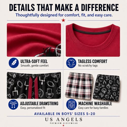 Image of US Angels Boys Pajamas Set | 3-Piece Pant, Shirt, Shorts Sleepwear Pjs for Kids | Loose Fit, Soft, Breathable Blue Plaid