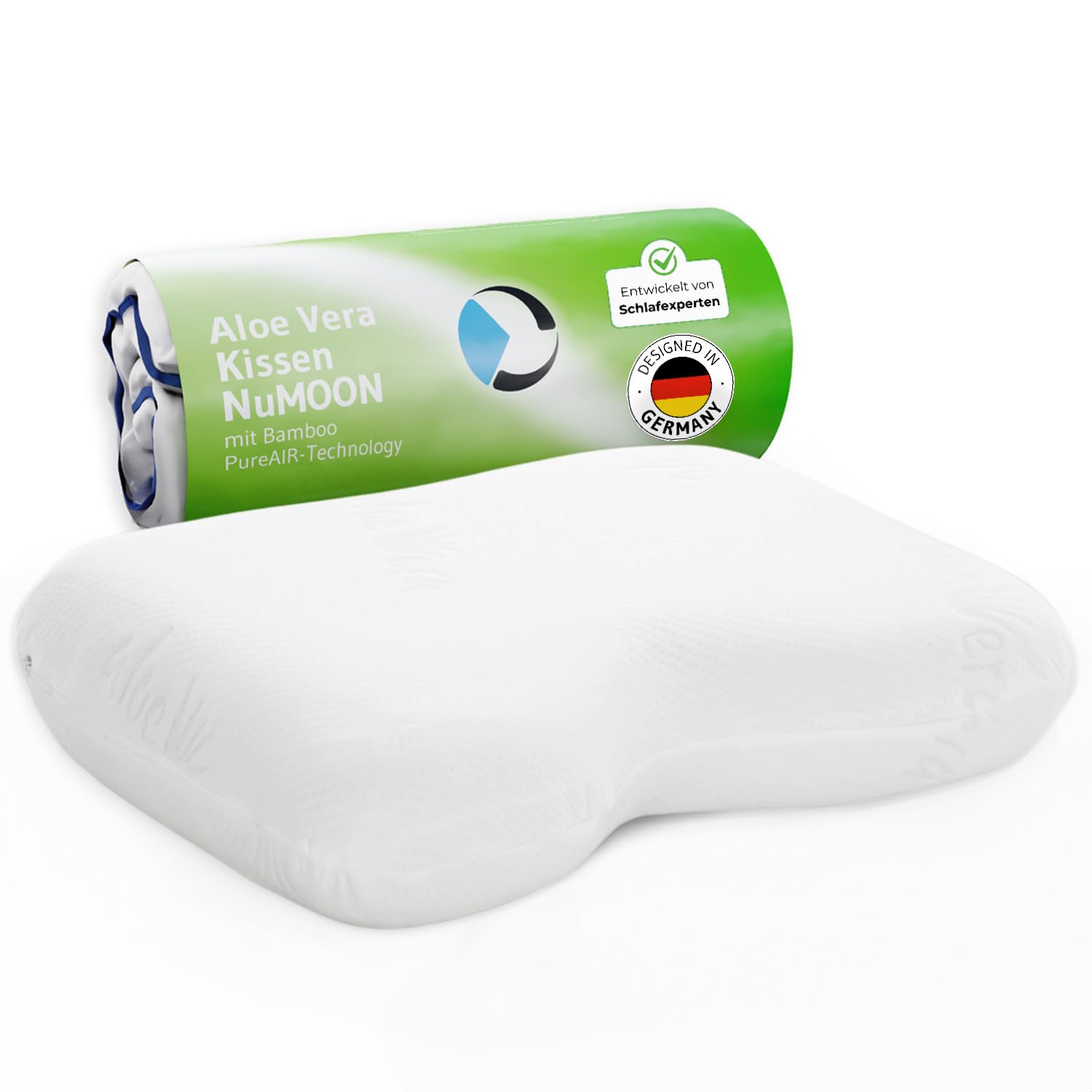 Ergonomisches Seitenschläferkissen NuMOON, Memory Foam Kopfkissen mit PureAir Effekt gegen Milben & Gerüche, HWS Nackenstützkissen mit hautpflegendem Aloe Vera Kissen-Bezug, Ideal für Allergiker