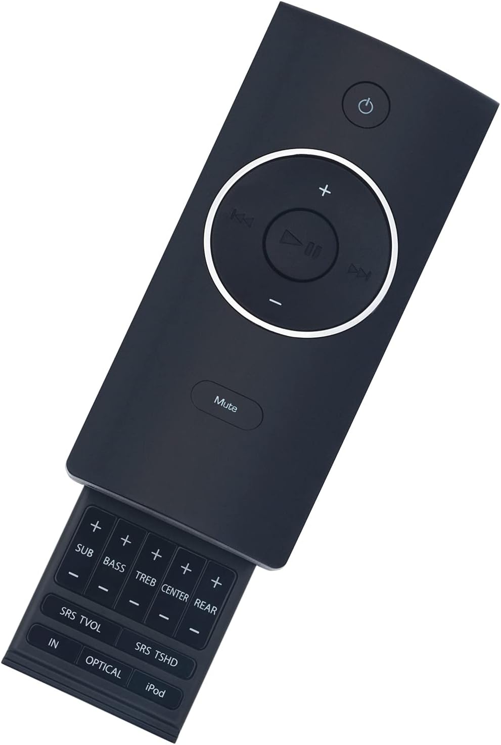 Slide-out panel of ZdalaMit remote control with audio adjustment and input selection buttons