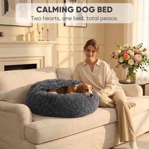 Image of Himax Medium Dog Bed, Round Dogs Beds with Blanket Attached, Comfort Fluffy Calming Dog Bed Washable (20 inch /26 inch /35 inch) Deep Grey