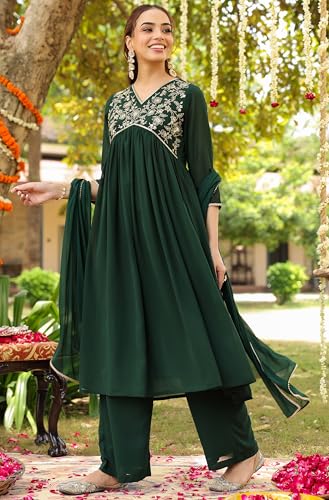 Image of Janasya Women's Georgette Zari Yoke Embroidered A-line Kurta Set