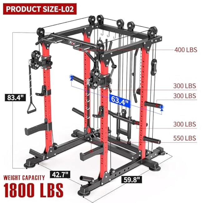 Power Rack Power Cages Multi-Function Squat Rack with Cable Crossover System Selectable More Training Attachment Weight Cage for Garage & Home Gym