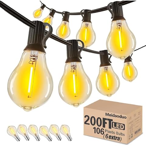 Meidaoduo String Lights for Outside 200 FT Outdoor String Lights Waterproof with 100+6ea A39 Shatterproof Warm Bistro Lights for Patio Gazebo Backyard Garden, 2x100FT Linkable Cover