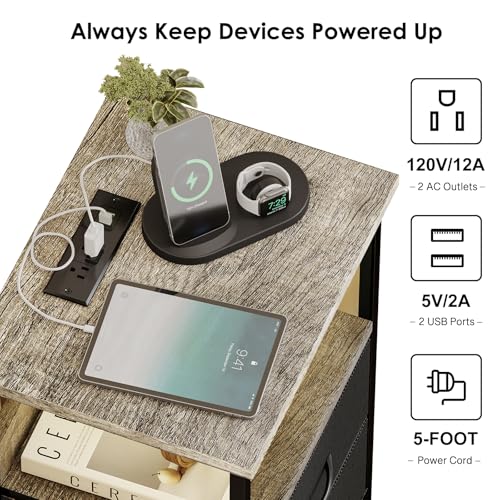 Image of Fixwal Night Stand with Charging Station, LED Nightstand with Fabric Drawers, End Table with PU Finish, Bed Side Table, French Oak