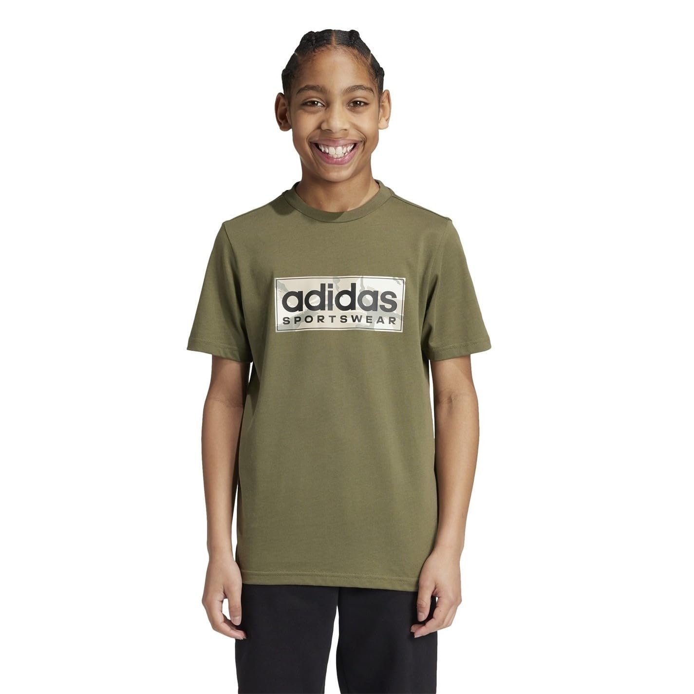 adidas Boy's Camo Linear Graphic Tee Kids, Olive strata, 7-8 Years