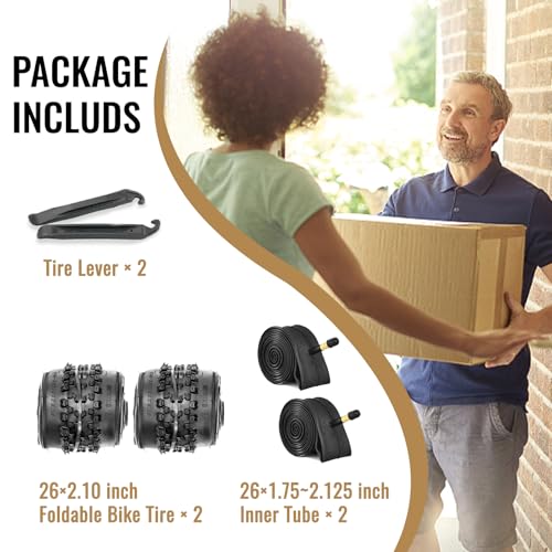 MOHEGIA Mountain Bike Tires Set: 2 Pack 26×2.1/27.5×2.1/ 29×2.1 Inch Folding Bicycle Tires Replacement and Pair 26/27.5/29 Inch Inner Tubes Schrader Valve with Tire Levers