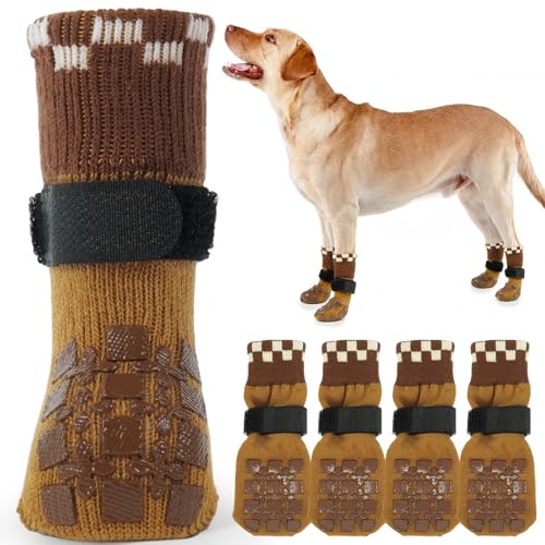 Image of ROZKITCH 2 Pairs Dog Paw Protectors, Gripper Socks for Hardwood Floors Paw Bandage Long Dog Socks Paw Wound Cover with Grips & Adjustable Straps for Corgi, Schnauzer Brown L