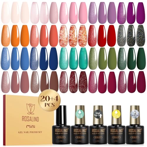 ROSALIND Esmaltes Semipermanentes Para Uñas, 24 Piezas Marrón Rosa Naranja Rojo Violeta Azul Verde Colores Esmaltes Semipermanente, UV/LED Pintauñas Semipermanentes Nail Art Manicure Regalo