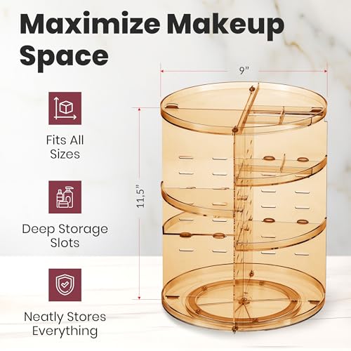 Image of Masirs 360 Rotating Makeup Organizer - Adjustable Shelf Height and Fully Rotatable - The Perfect Round Spinning Cosmetic Organizer for Bedroom Dresser or Vanity Countertop Storage (Brown)