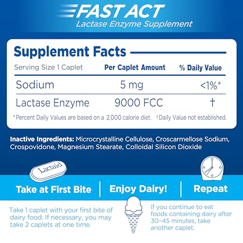 Image of Lactaid Fast Act Lactose Intolerance Relief Caplets, Lactase Enzyme to Prevent Gas, Bloating and Diarrhea Due to Lactose Sensitivity, Single-Serve Supplements for Travel and On-The-Go, 60 Count